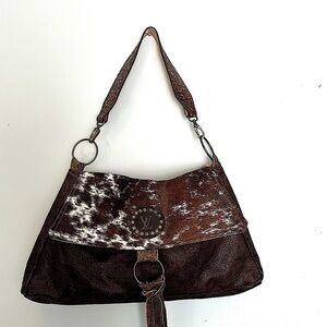 Keep it Gypsy bag with up-cycled LV tag in brown leather and cowhide.